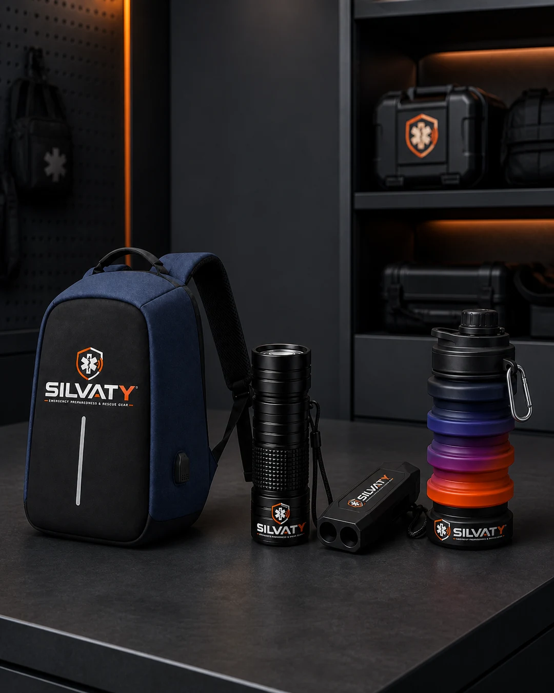 Kit SILVATY completo con mochila, linterna, silbato y tomatodo