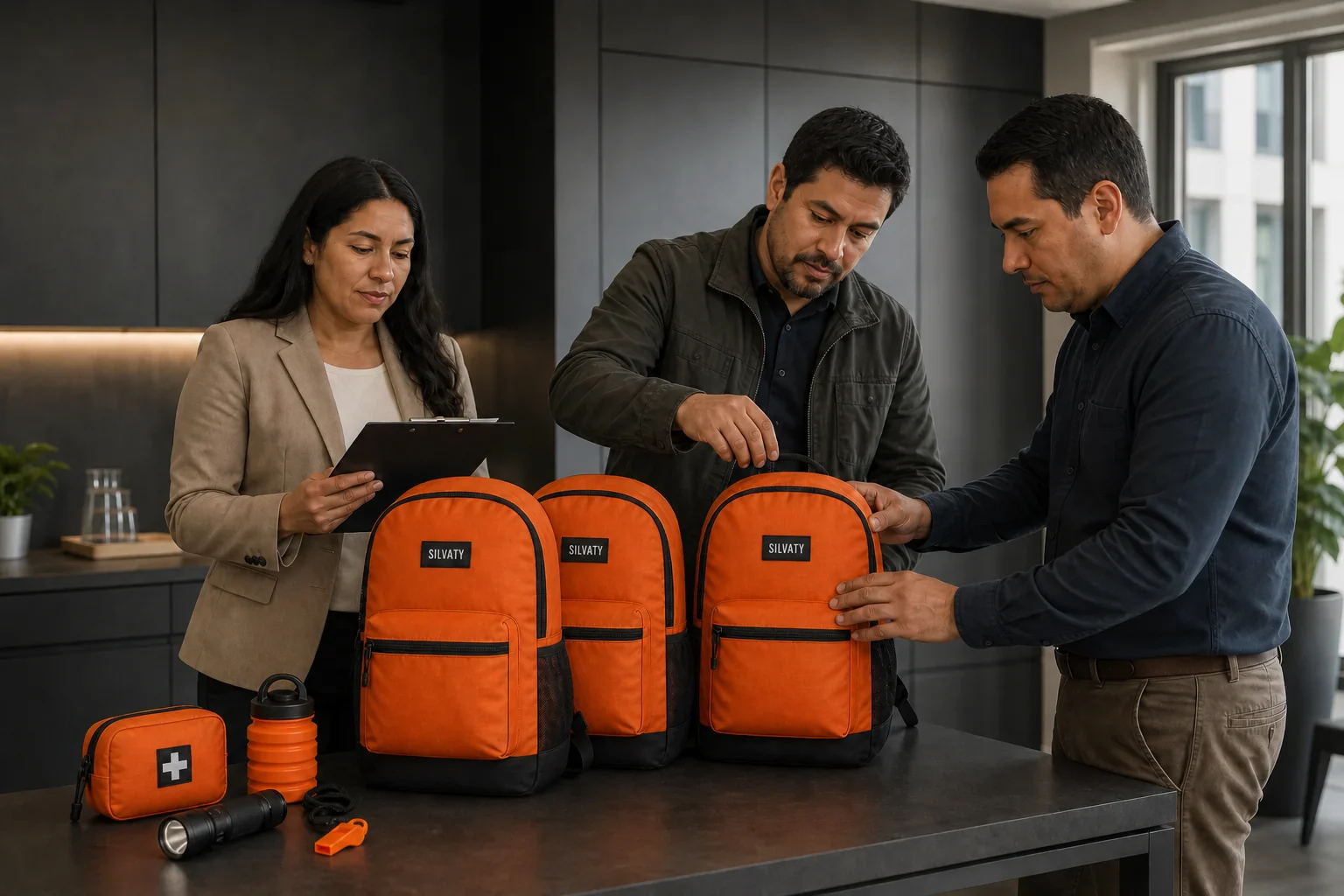Equipo de trabajo revisando varias mochilas SILVATY para preparación institucional