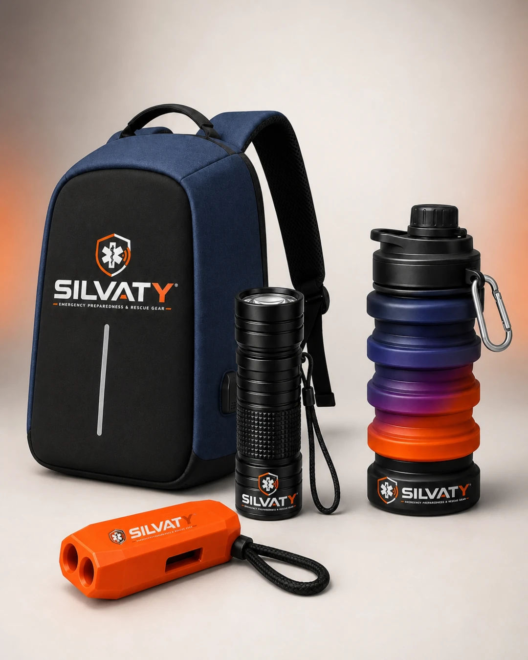 Kit SILVATY con mochila azul y negra, linterna, tomatodo plegable y silbato
