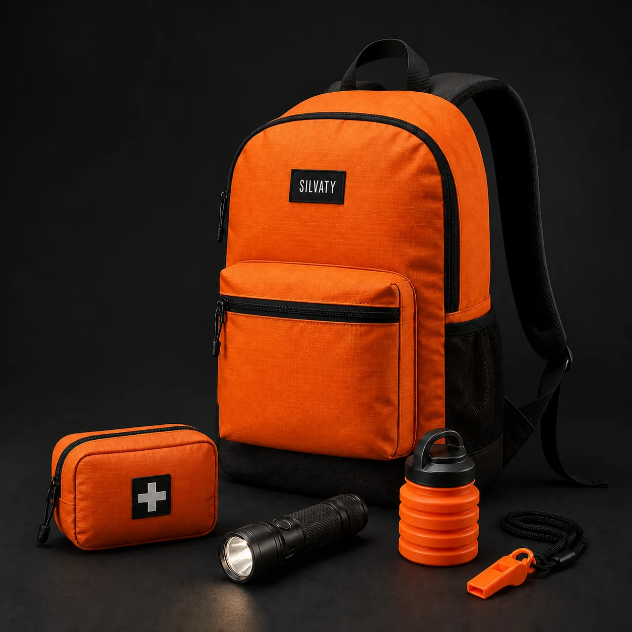 Mochila naranja SILVATY con botiquín, linterna, tomatodo plegable y silbato