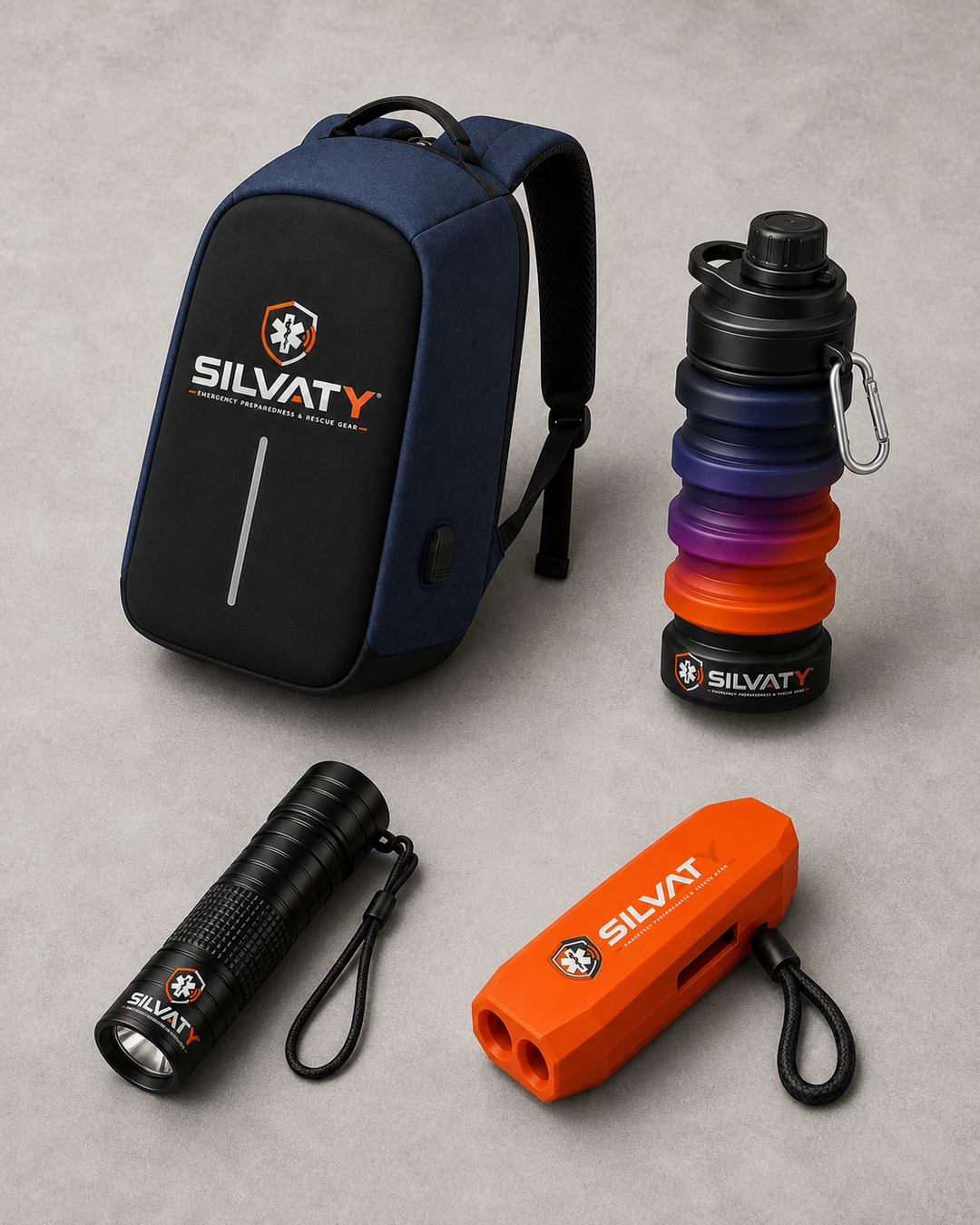 Kit SILVATY con mochila azul, linterna, tomatodo y silbato