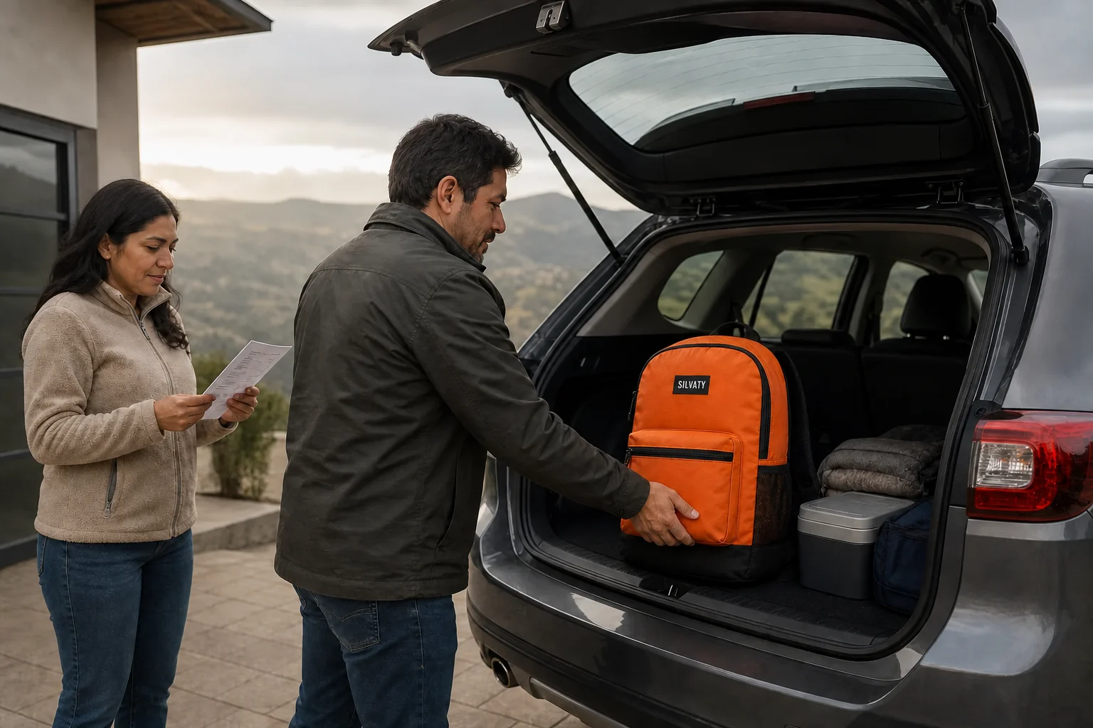 Pareja organizando la mochila SILVATY en el vehículo antes de un viaje