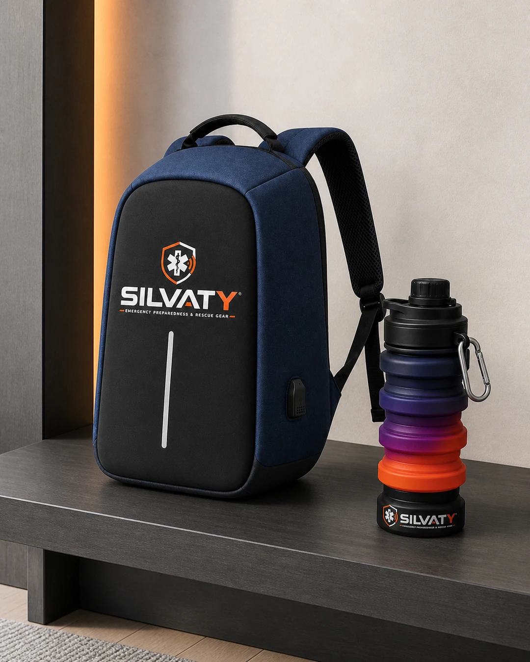Mochila SILVATY azul y negra junto al tomatodo expandible